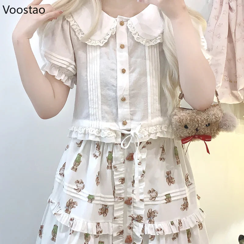 Japanese Kawaii Lolita Cotton Shirt Women Vintage Peter Pan Collar Puff Sleeve JK Blouses Girls Sweet Lace Ruffles Shirt Tops