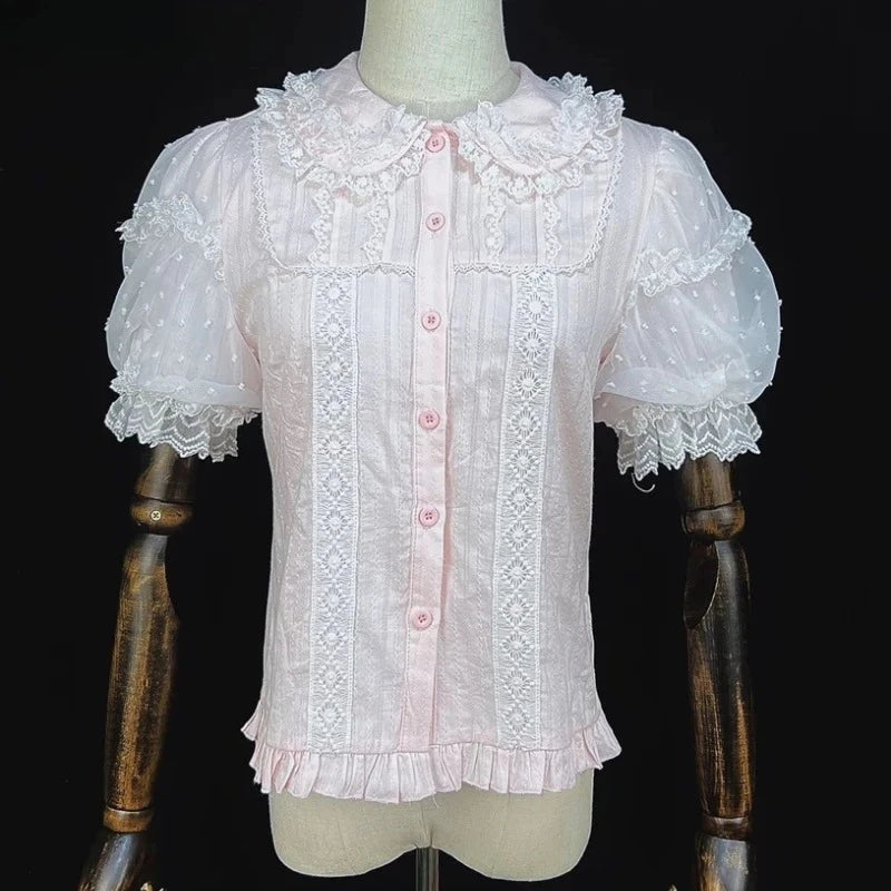Summer Japanese Sweet Lolita Shirts Women Kawaii Cute Puff Short Sleeve Lace Ruffles Slim Blouses Tops Girls Y2k Clothes New