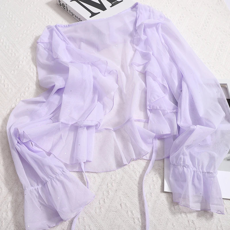 Women Ruffles Sweet Long Sleeved Lace Up Transparent Knit Short Coat Mesh Sheer Shinny Basics Chiffon Sun-proof Shirt