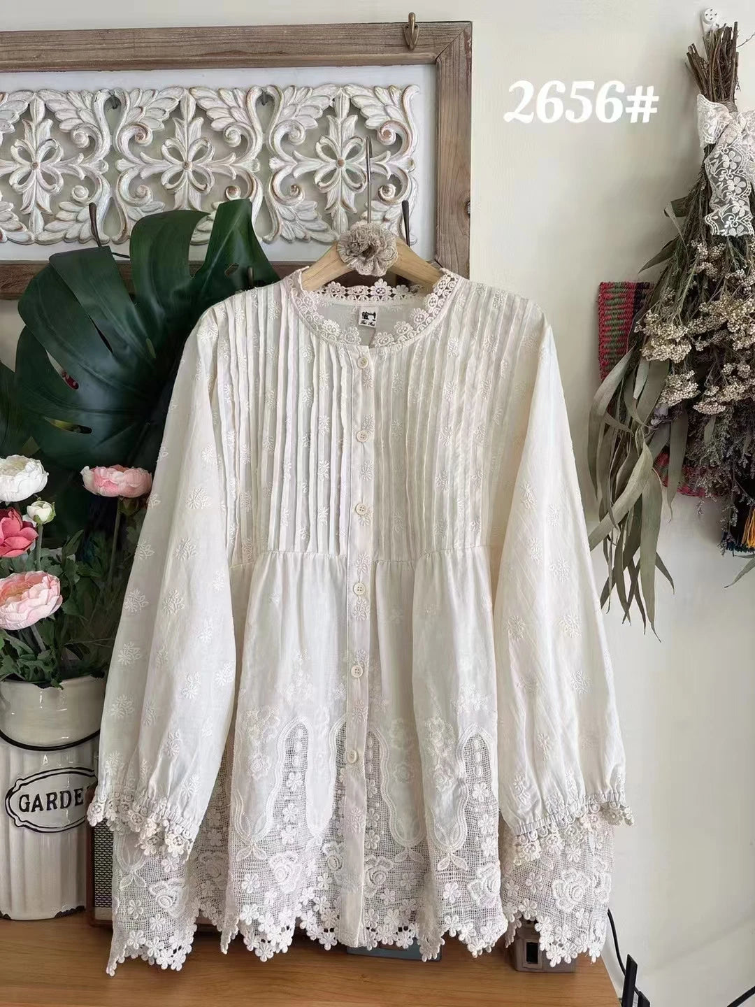Japanese Sweet Mori Girl Embroidery Hollow Out Patchwork Cotton Shirts Women Spring New O-Neck Long Sleeve Casual Loose Tops