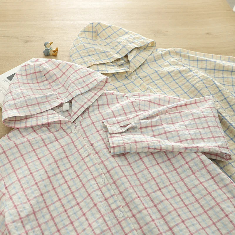 New 2025 Autumn Bubble Cotton Hooded Shirt, Women Long Sleeve Plaid, Mori Girl Casual Versatile Sunscreen Loose Blouse T57448CC