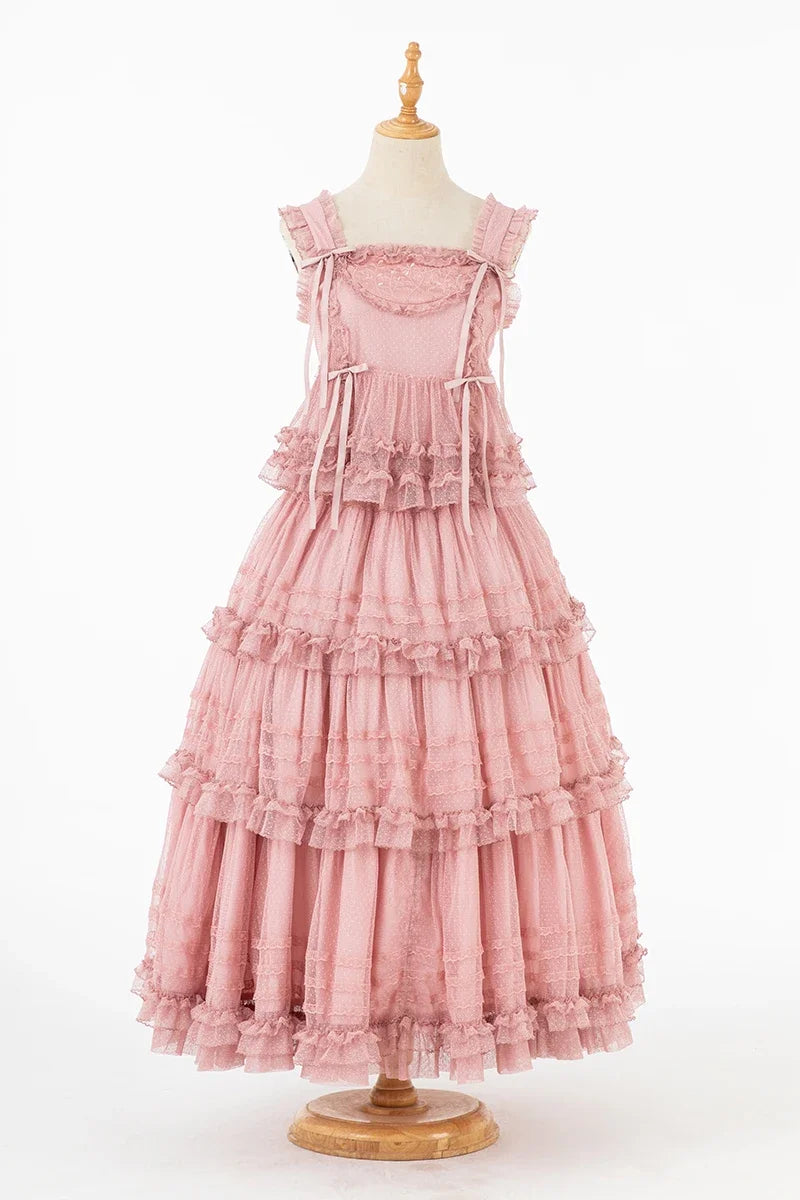 Pink Polka Dot Mesh Lace Multi-layer Long Dress