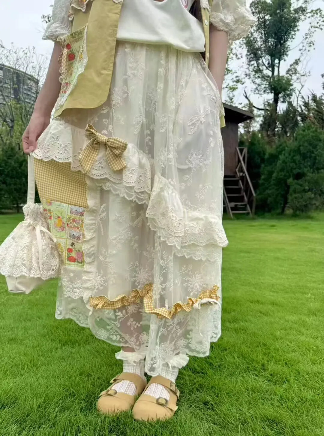 Yellow Lace Cotton Long Skirts