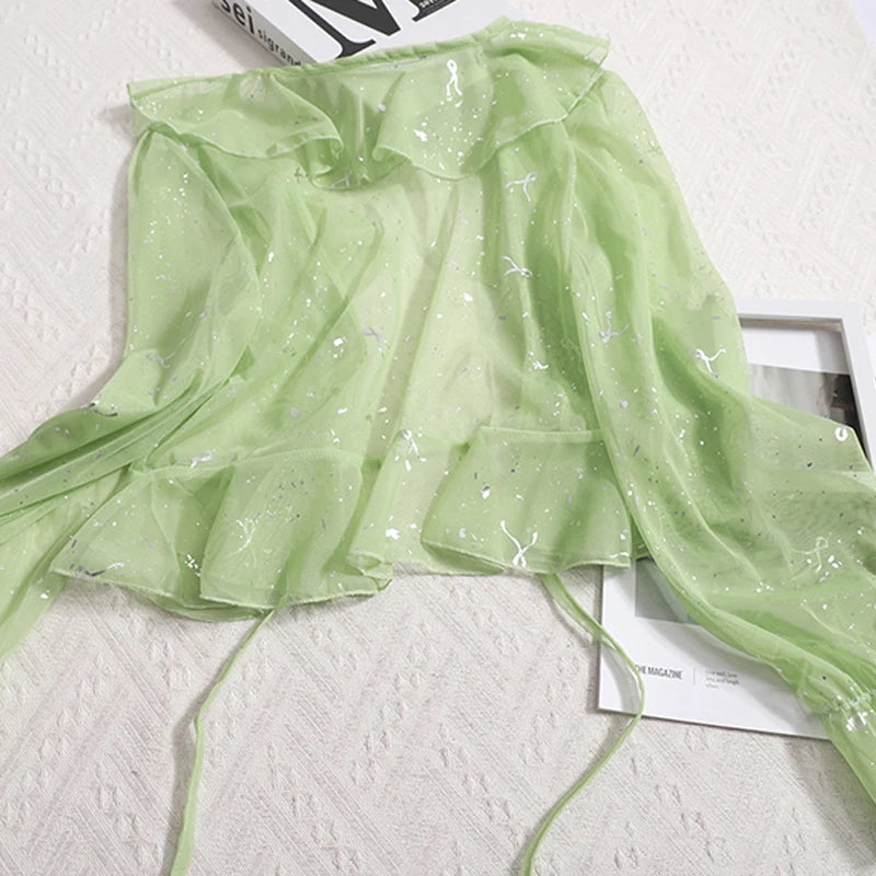 Women Ruffles Sweet Long Sleeved Lace Up Transparent Knit Short Coat Mesh Sheer Shinny Basics Chiffon Sun-proof Shirt