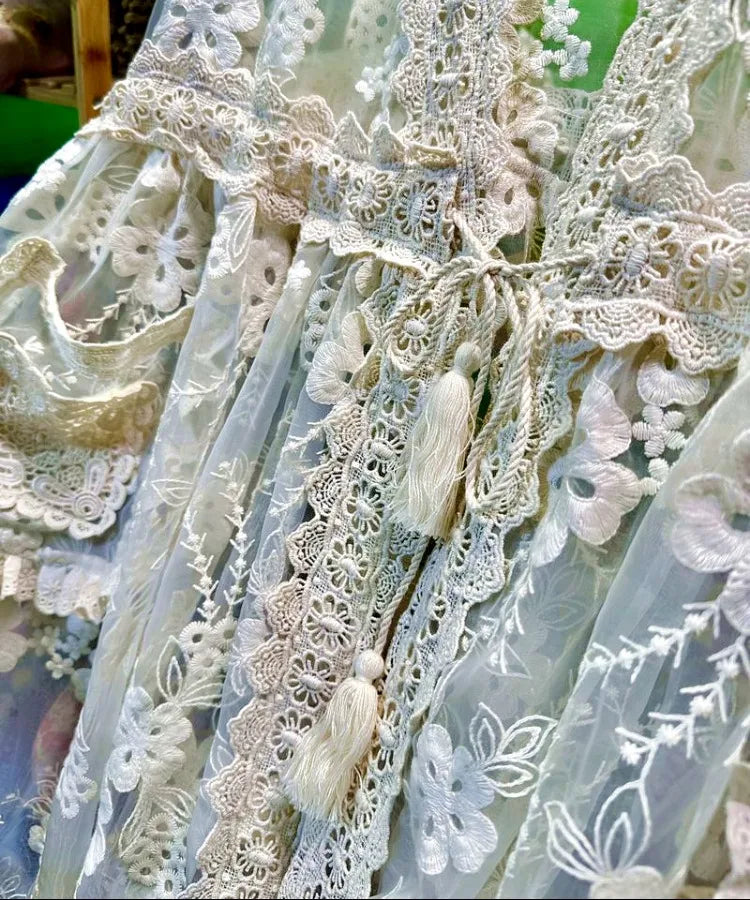 Vintage Ruffled Lace Transparent Sleeveless Long Dress Victorian Midi Dress