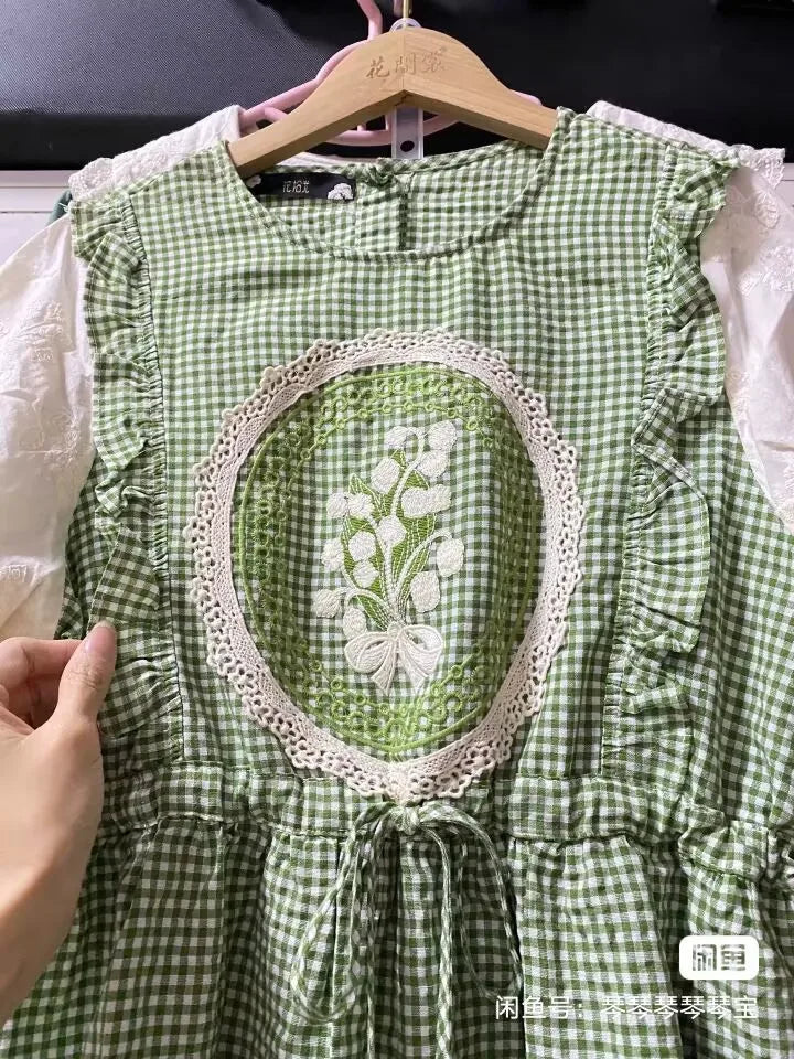 Summer Women Sweet Cotton Ruffled Lace Patchwork Long Midi Dress Vintage Kawaii Japanese Mori Girl Harajuku Green Dress