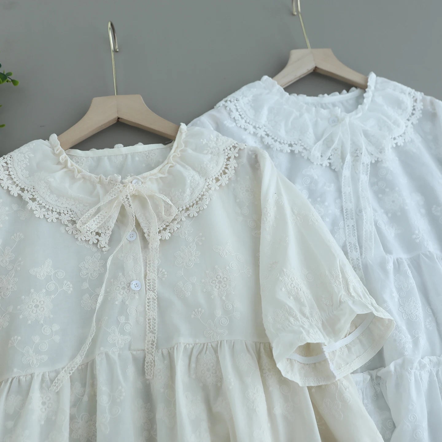 Japanese Sweet Mori Girl Embroidery Jacquard Cotton Shirts Women Summer Ruffled Lace Up Collar Short Sleeve Casual Blouse Tops