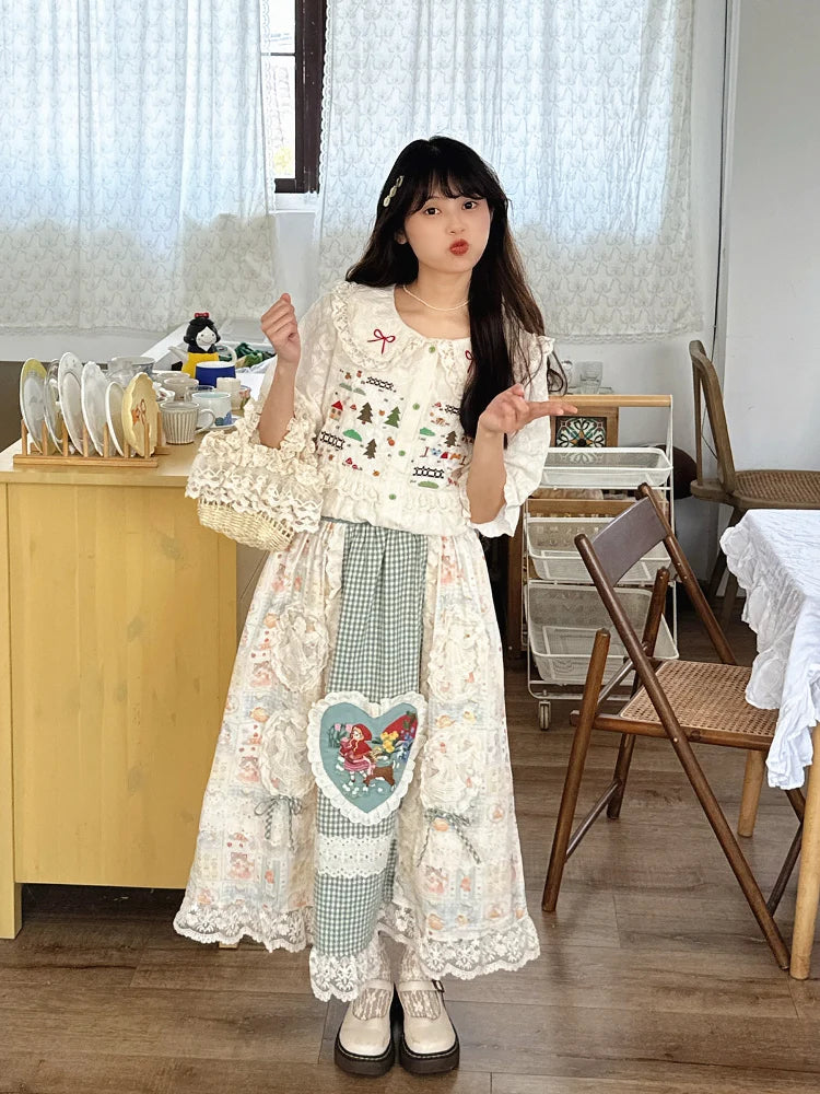 Lace Edge Print Embroidered Vintage Skirt