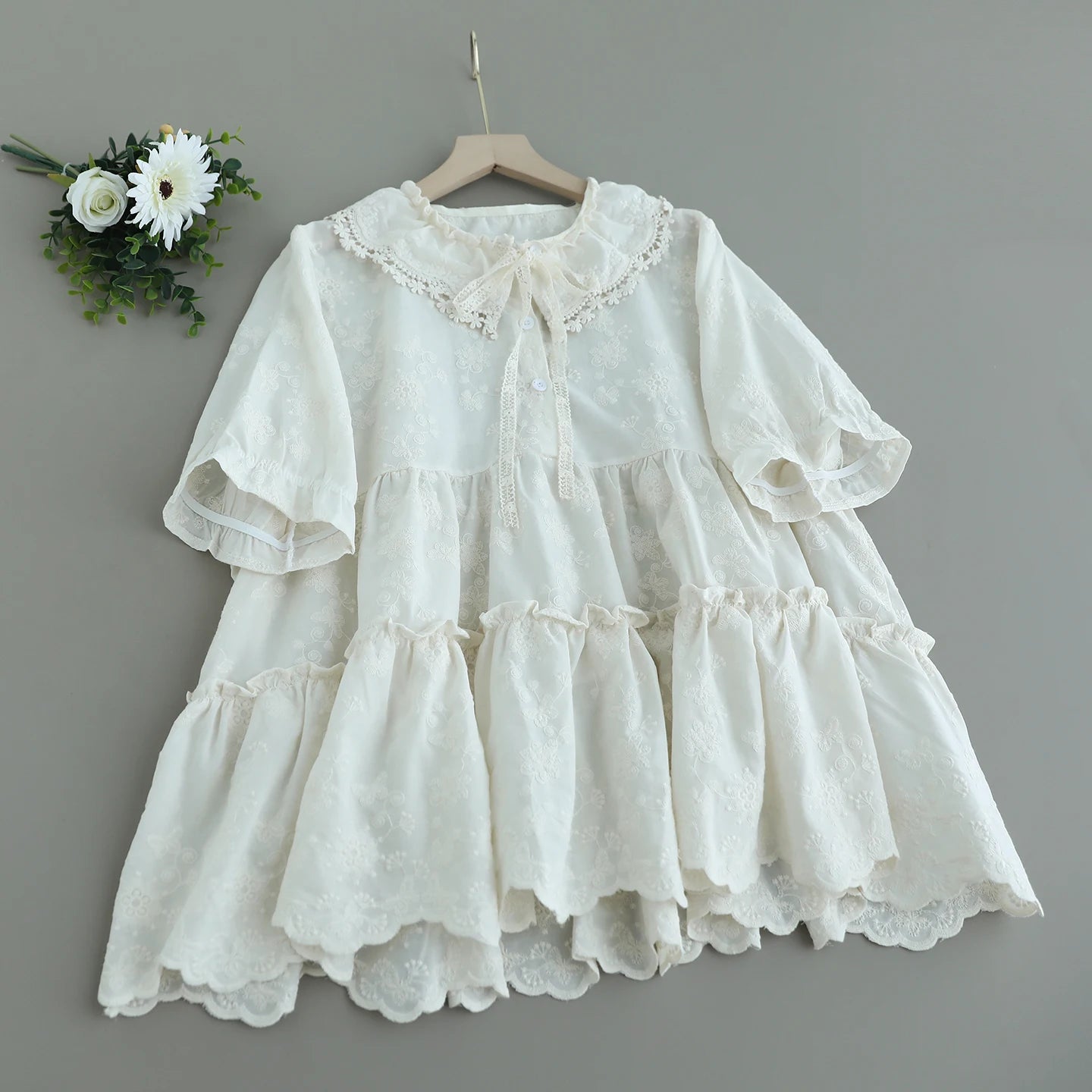 Japanese Sweet Mori Girl Embroidery Jacquard Cotton Shirts Women Summer Ruffled Lace Up Collar Short Sleeve Casual Blouse Tops