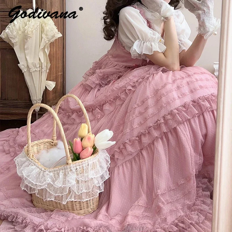 Pink Polka Dot Mesh Lace Multi-layer Long Dress