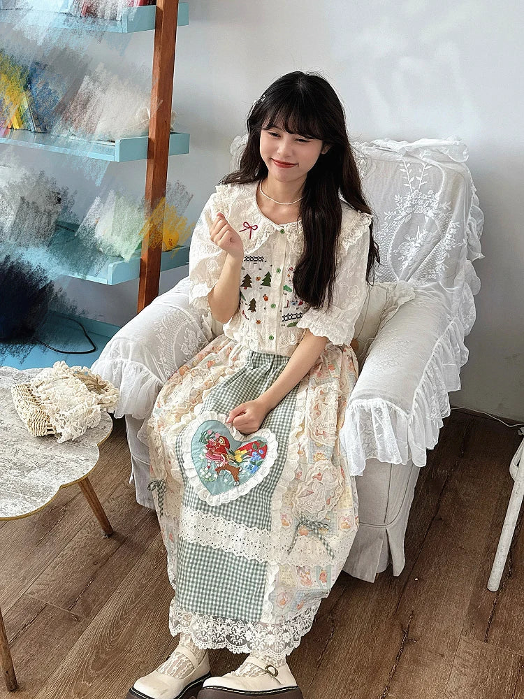 Lace Edge Print Embroidered Vintage Skirt