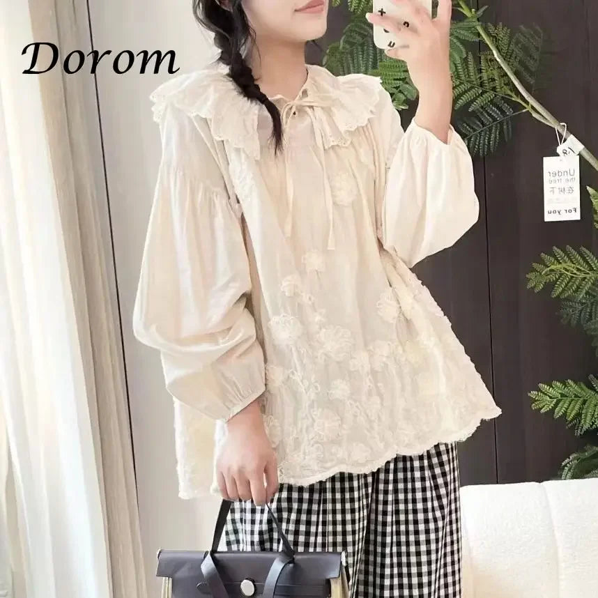 Vintage Embroidery Flower Cotton Linen Shirts Women Spring Summer Japanese Mori Ruffled Lace-up Long Sleeve Blouse Casual Tops