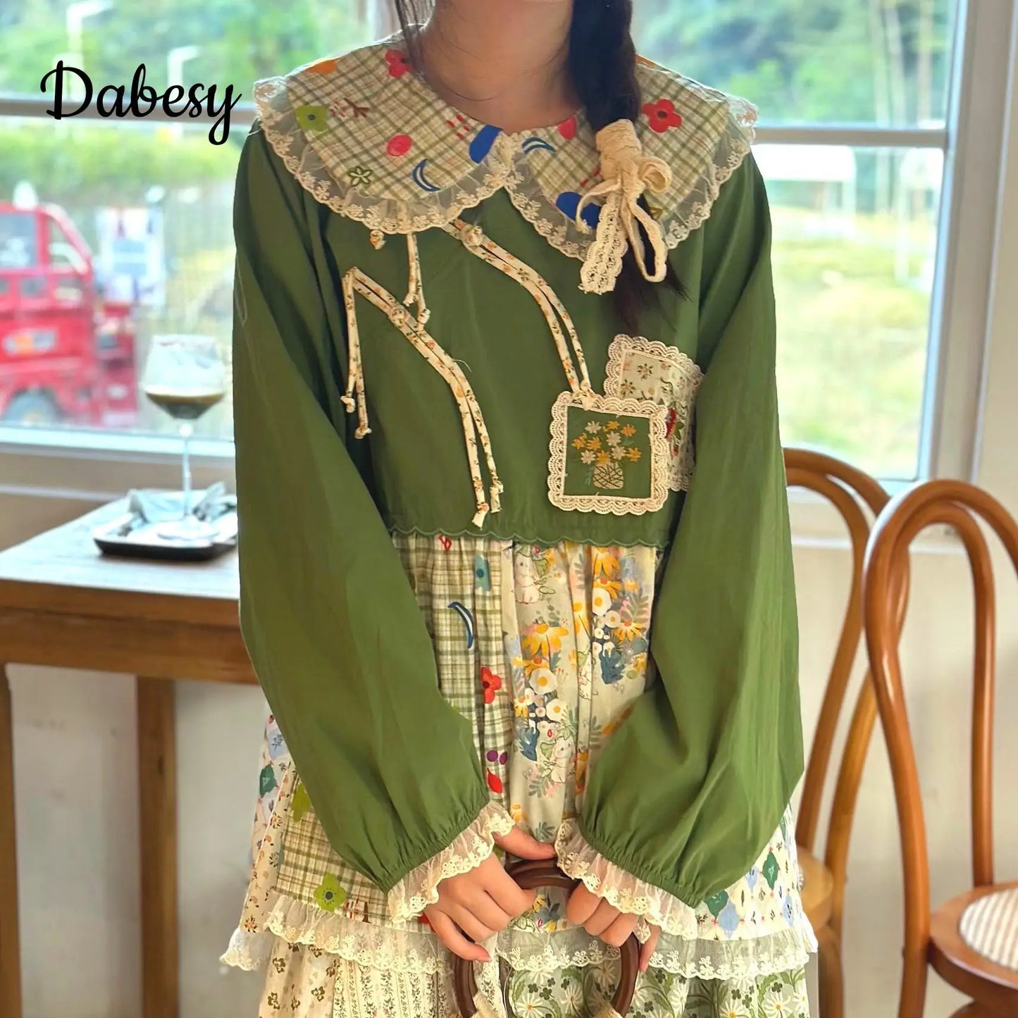 Patchwork Green Cotton Linen Lace Ruffle Doll Collar Top