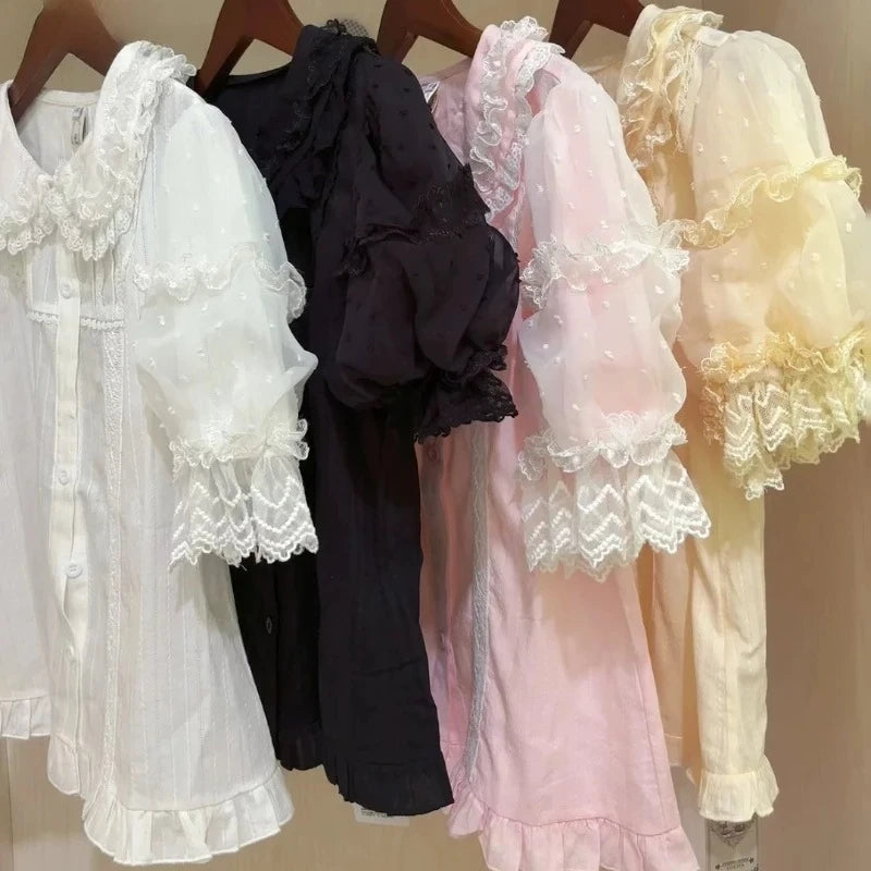 Summer Japanese Sweet Lolita Shirts Women Kawaii Cute Puff Short Sleeve Lace Ruffles Slim Blouses Tops Girls Y2k Clothes New