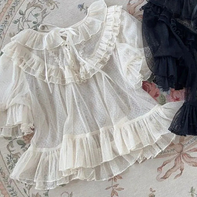 Lolita Sweet Lace Patchwork Women Blouse Japanese Y2K Aesthetic See Through Ruffled Shirt Summer Harajuku Grunge Bandage Blusas