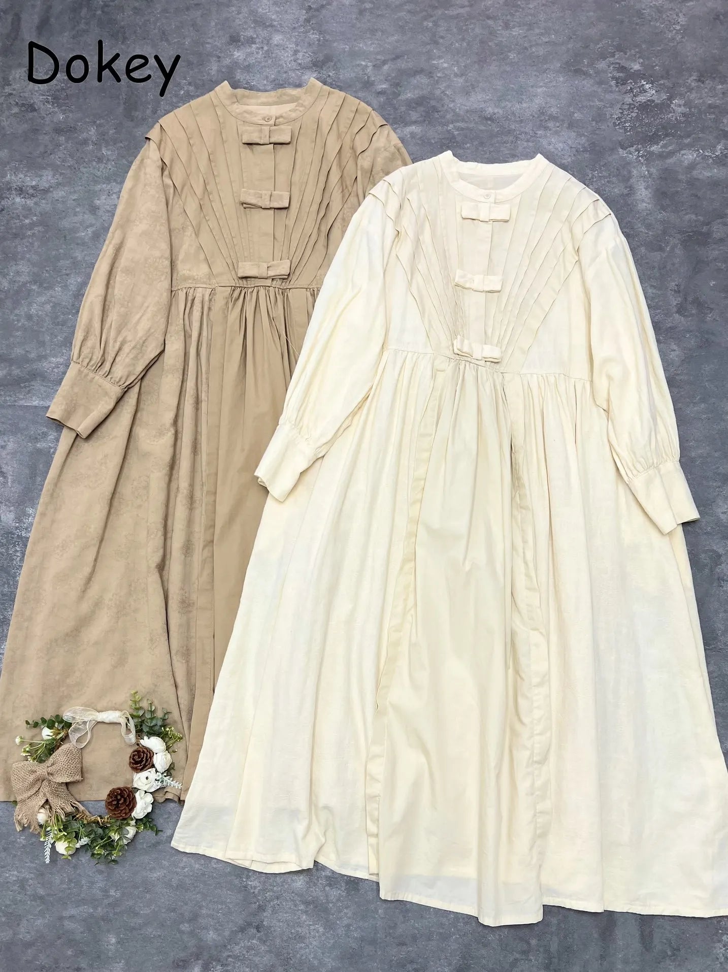 Vintage Pleated Cotton Linen Long Dress Women Spring Japan Mori Girl O Neck Puff Sleeve French Midi Dress Casual Loose Vestidos