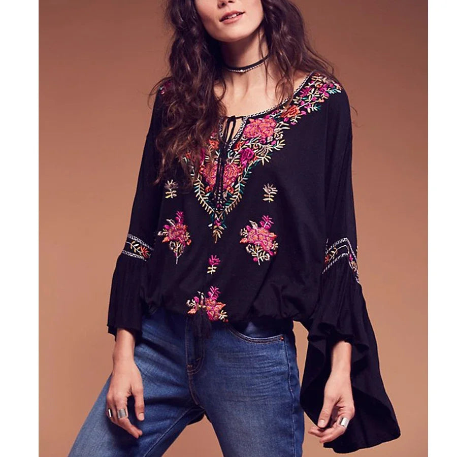 Floral Embroidered Flare Long Sleeve V-neck Casual Blouses