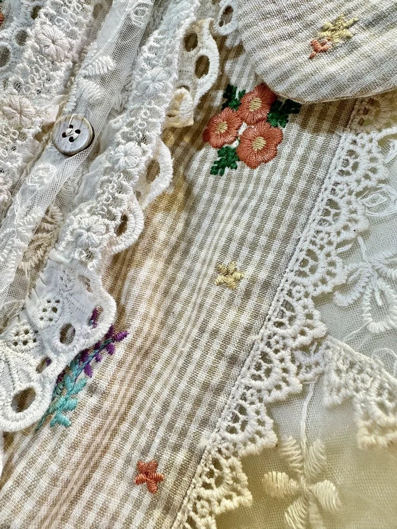 Cotton Linen Lace Cover Patchwork Midi Dress
