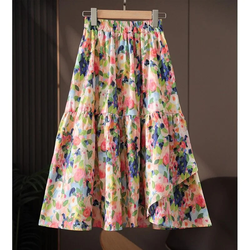 Asymmetric cake skirt бохо одежда Spring elegant long Skirts Summer Women faldas Mujer Moda Colorful floral print Cotton