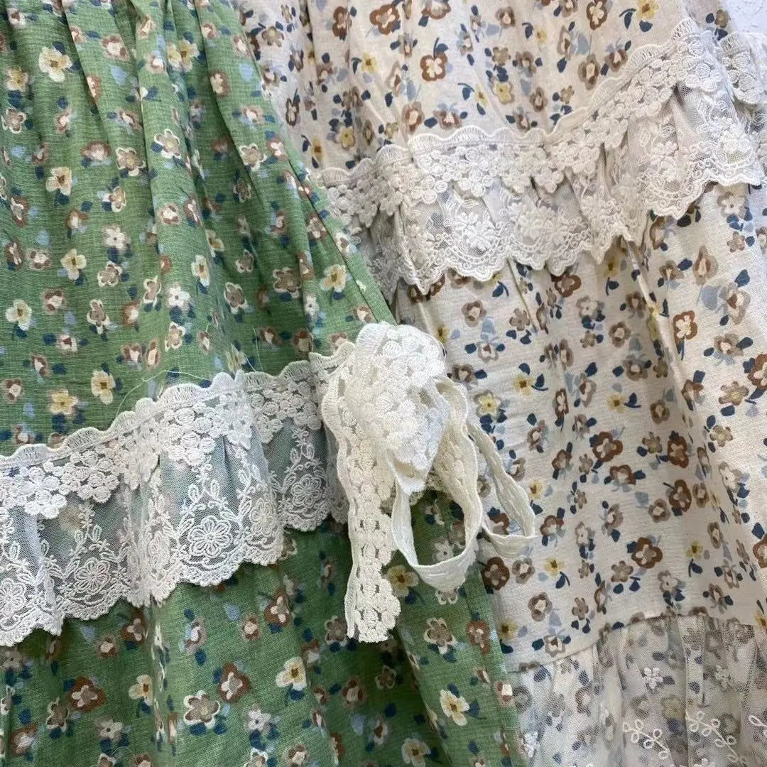 Japanese Sweet Lace Ruffled Mori Girl Pleated Skirt Vintage Cotton Linen Floral Long Skirts Female Elastic Waist Beach Faldas