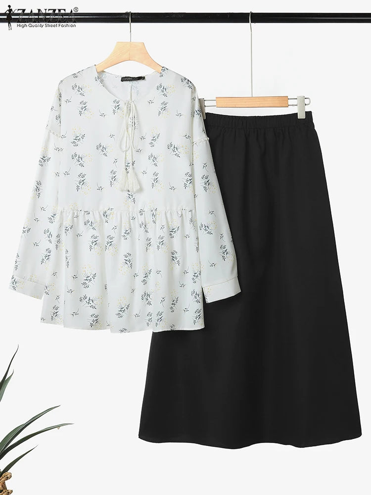 ZANZEA 2025 Autumn Long Dress Sets Women Tassel Blouse Skirts Fashion Long Sleeve Suits Casual Loose Printed Matching Sets