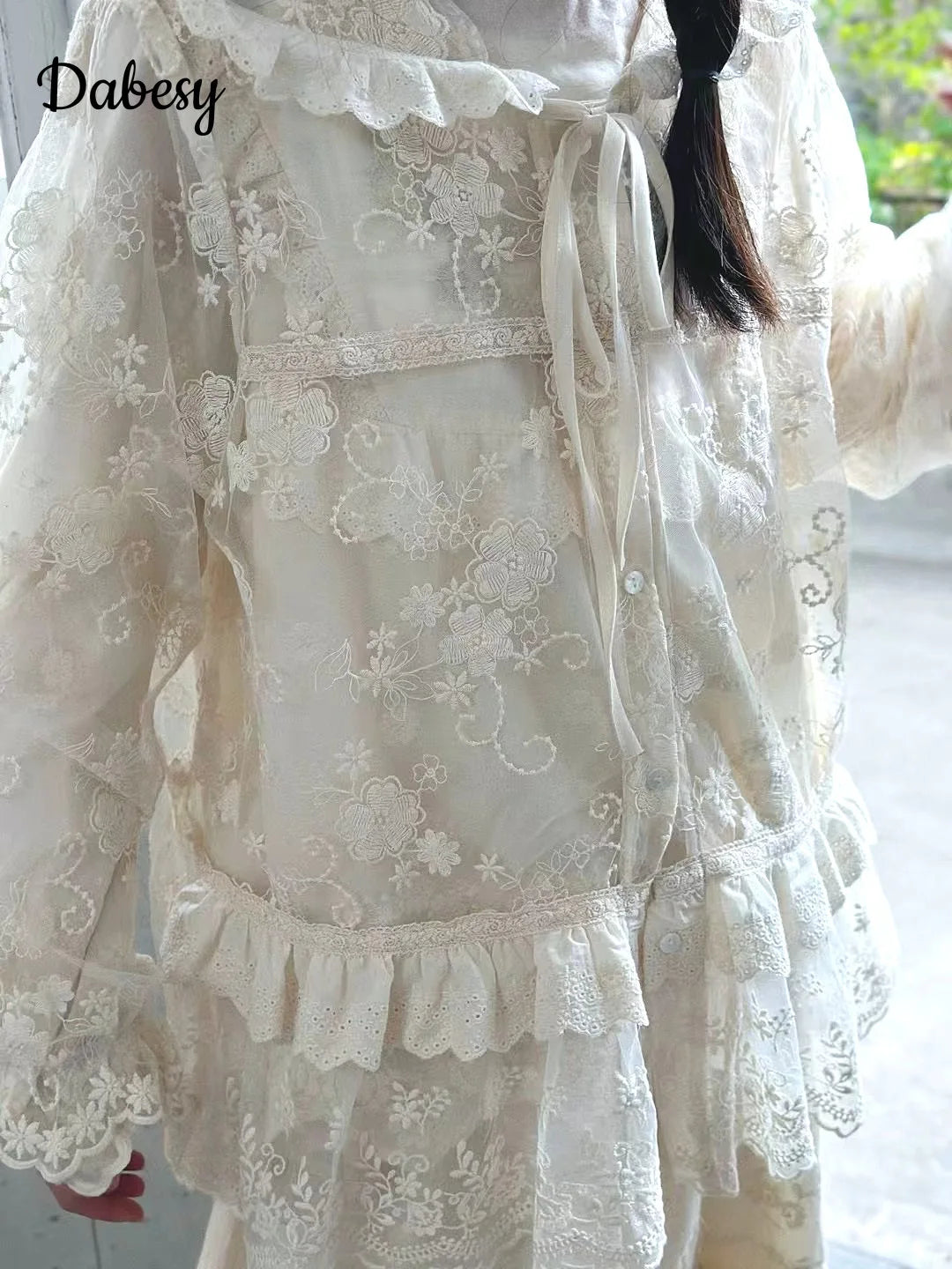 Embroidered Lace Hooded Ruffled Lace-up Jacket
