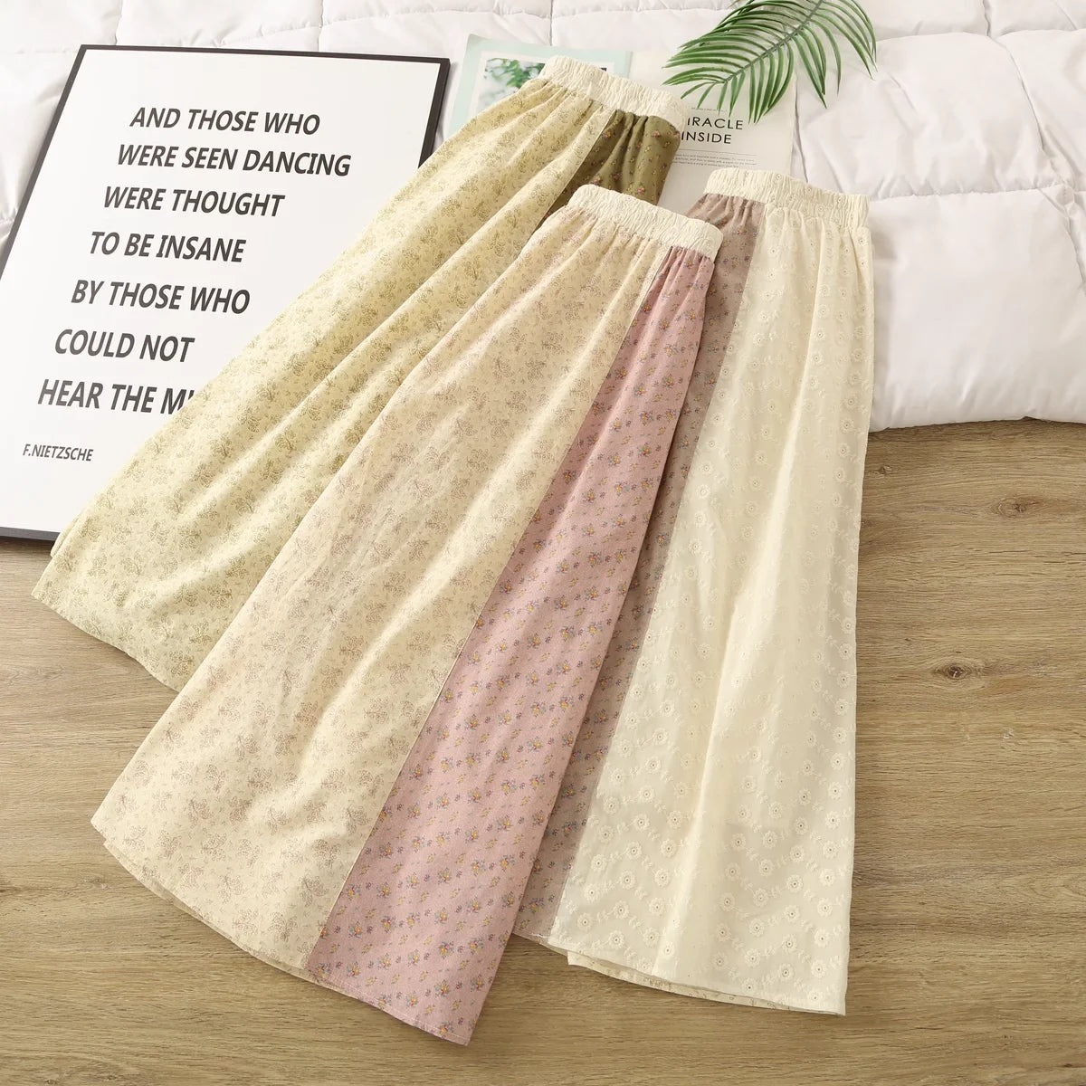 2025 Mori kei fashion elastic waist print patchwork long skirts for women rustic style 100% cotton a-line midi skirts