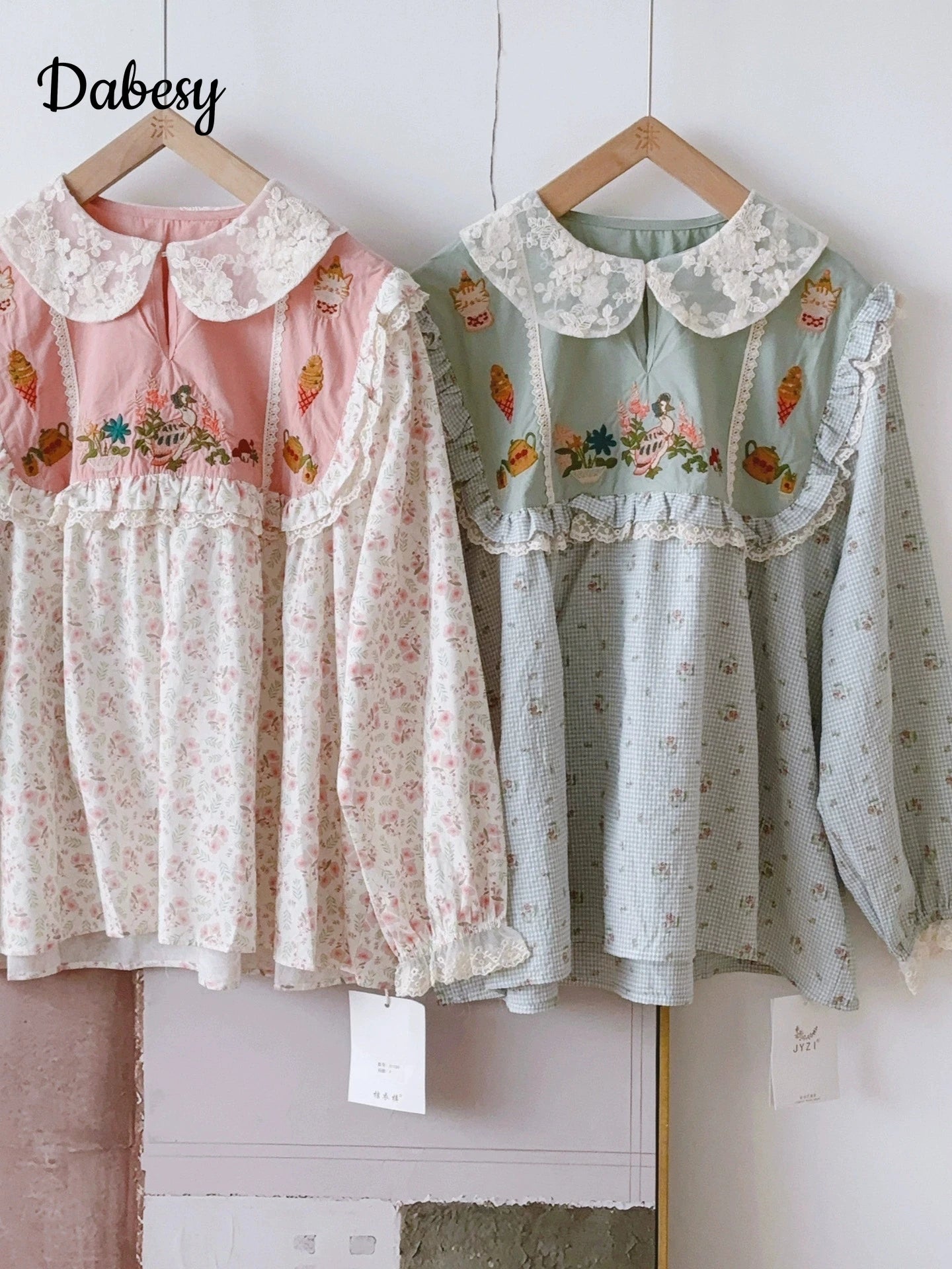 Japanese Patchwork Lolita Blouses Women Vintage Lace Ruffled Peter Pan Collar Kawaii Shirt Sweet Mori Puff Sleeve Blusas Mujer