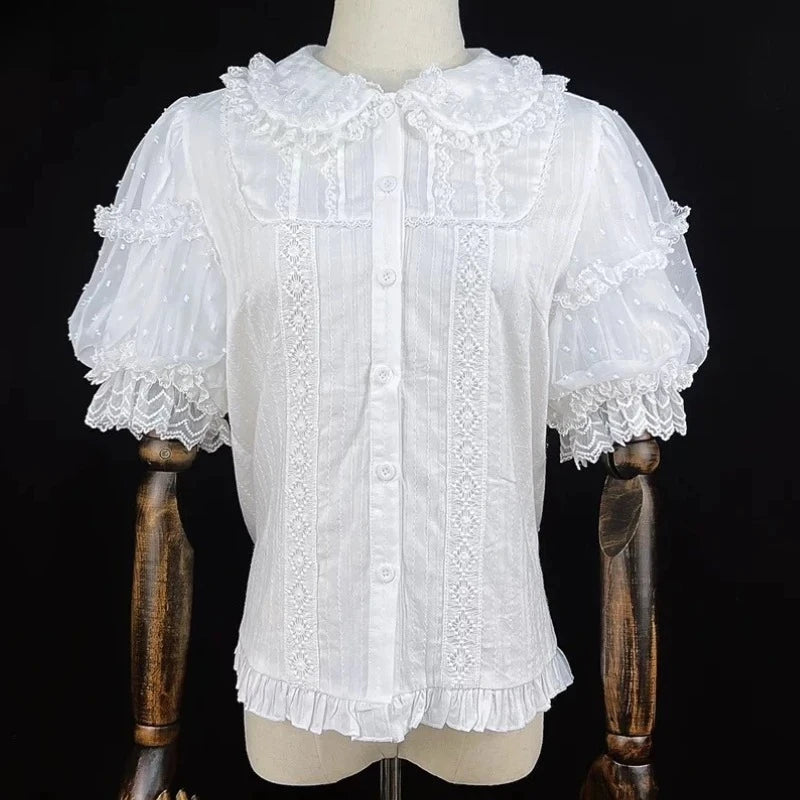 Summer Japanese Sweet Lolita Shirts Women Kawaii Cute Puff Short Sleeve Lace Ruffles Slim Blouses Tops Girls Y2k Clothes New