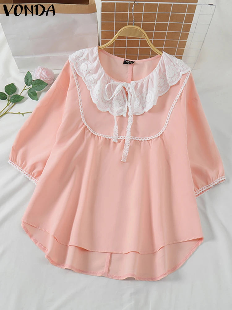 Patchwork Tops Women Elegant Lace Shirts 2025 VONDA Bohemian Half Lantern Sleeve Blouse Casual O-Neck Blusas Oversized Tunic