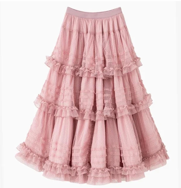 Pink Polka Dot Mesh Lace Multi-layer Long Dress