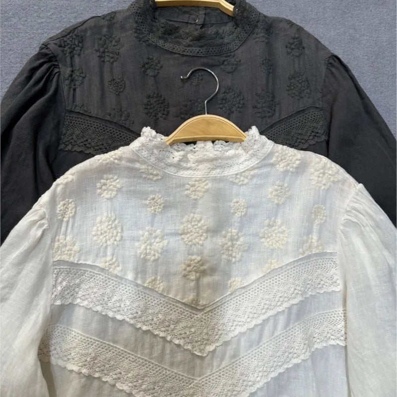 Johnature Japanese Mori Women Linen Embroidered Dress 2025 Autumn New Vintage French Puff Sleeves Lace Collar Autumn Long Dress
