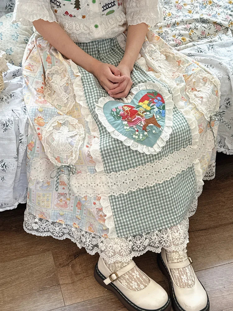 Lace Edge Print Embroidered Vintage Skirt