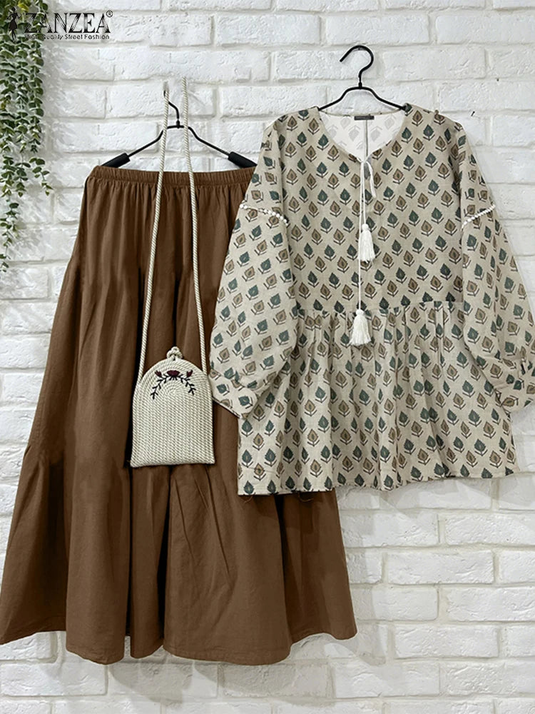 ZANZEA 2025 Autumn Long Dress Sets Women Tassel Blouse Skirts Fashion Long Sleeve Suits Casual Loose Printed Matching Sets