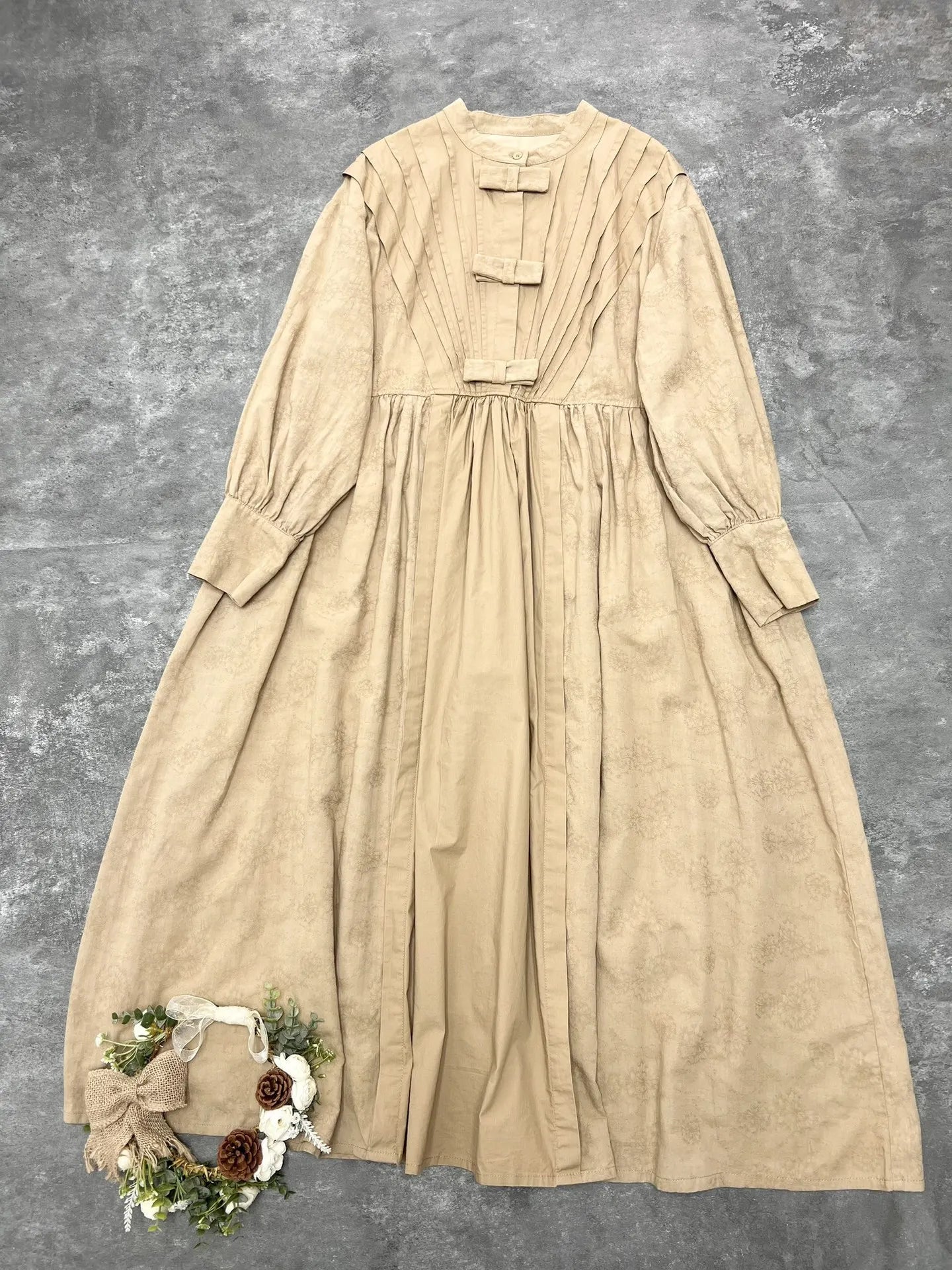 Vintage Pleated Cotton Linen Long Dress Women Spring Japan Mori Girl O Neck Puff Sleeve French Midi Dress Casual Loose Vestidos