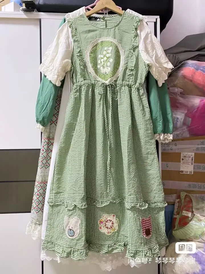 Summer Women Sweet Cotton Ruffled Lace Patchwork Long Midi Dress Vintage Kawaii Japanese Mori Girl Harajuku Green Dress