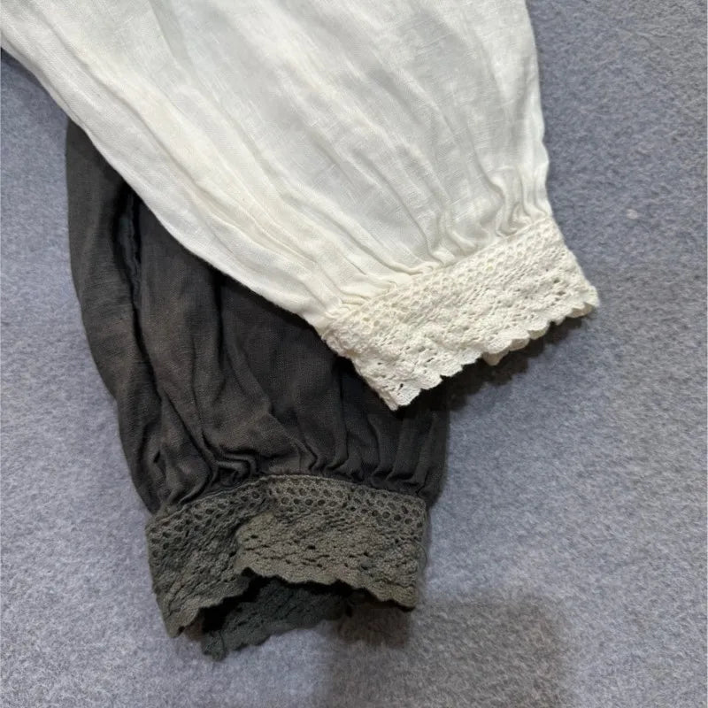 Johnature Japanese Mori Women Linen Embroidered Dress 2025 Autumn New Vintage French Puff Sleeves Lace Collar Autumn Long Dress