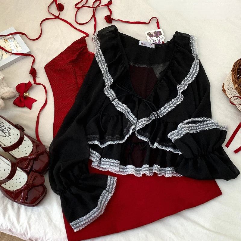 Japanese Sweet Lolita Style Short Cardigan Women Kawaii Lace Reffles Lace-ups Chiffon Coat Korean Fashion Gothic Y2k Crop Tops
