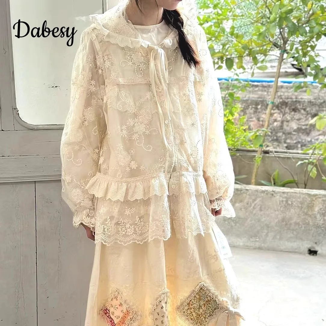 Embroidered Lace Hooded Ruffled Lace-up Jacket