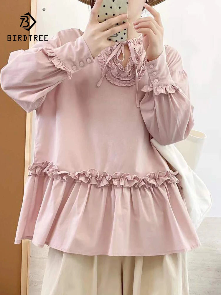 New 2025 Autumn Cotton Long Sleeve Shirt, Women Stand Ruffles Lace-up, Mori Girl French Retro Sweet Loose Doll Blouse T59946CC