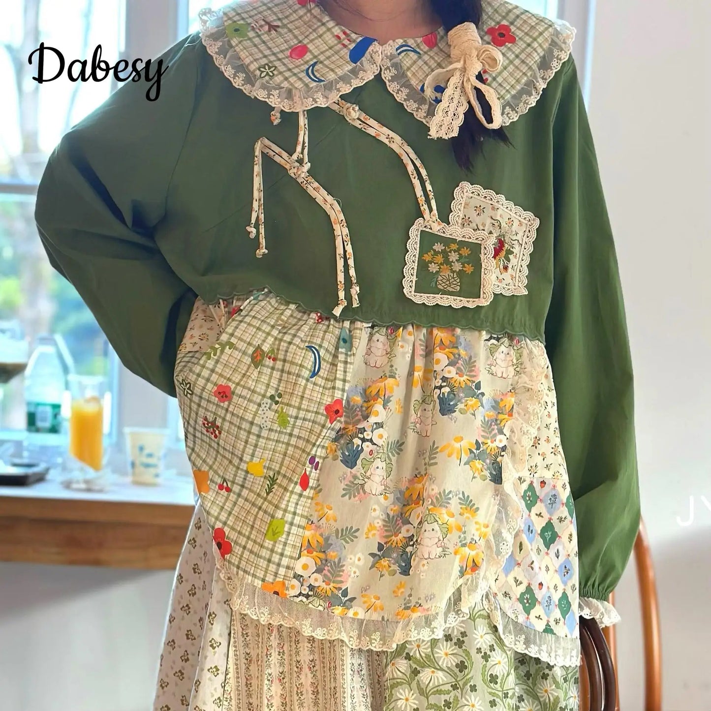 Patchwork Green Cotton Linen Lace Ruffle Doll Collar Top