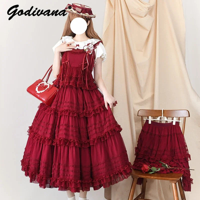 Pink Polka Dot Mesh Lace Multi-layer Long Dress