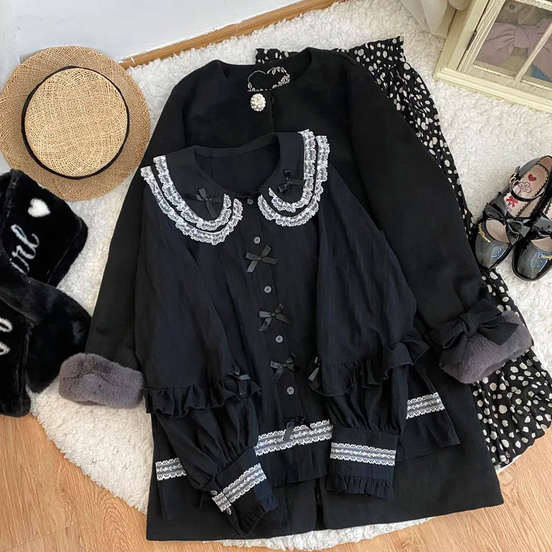 Himifashion Women Elegant Blouses 2025 Lolita Kawaii Lace Collar Vintage Button Up Shirt Female Chic Long Sleeve Top Black White