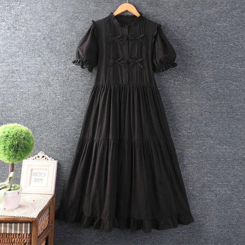 Summer New Sweet Mori Girl Bow Ruffles Cotton Linen Midi Dress Women Short Sleeve Casual Loose A-line Boho Dresses