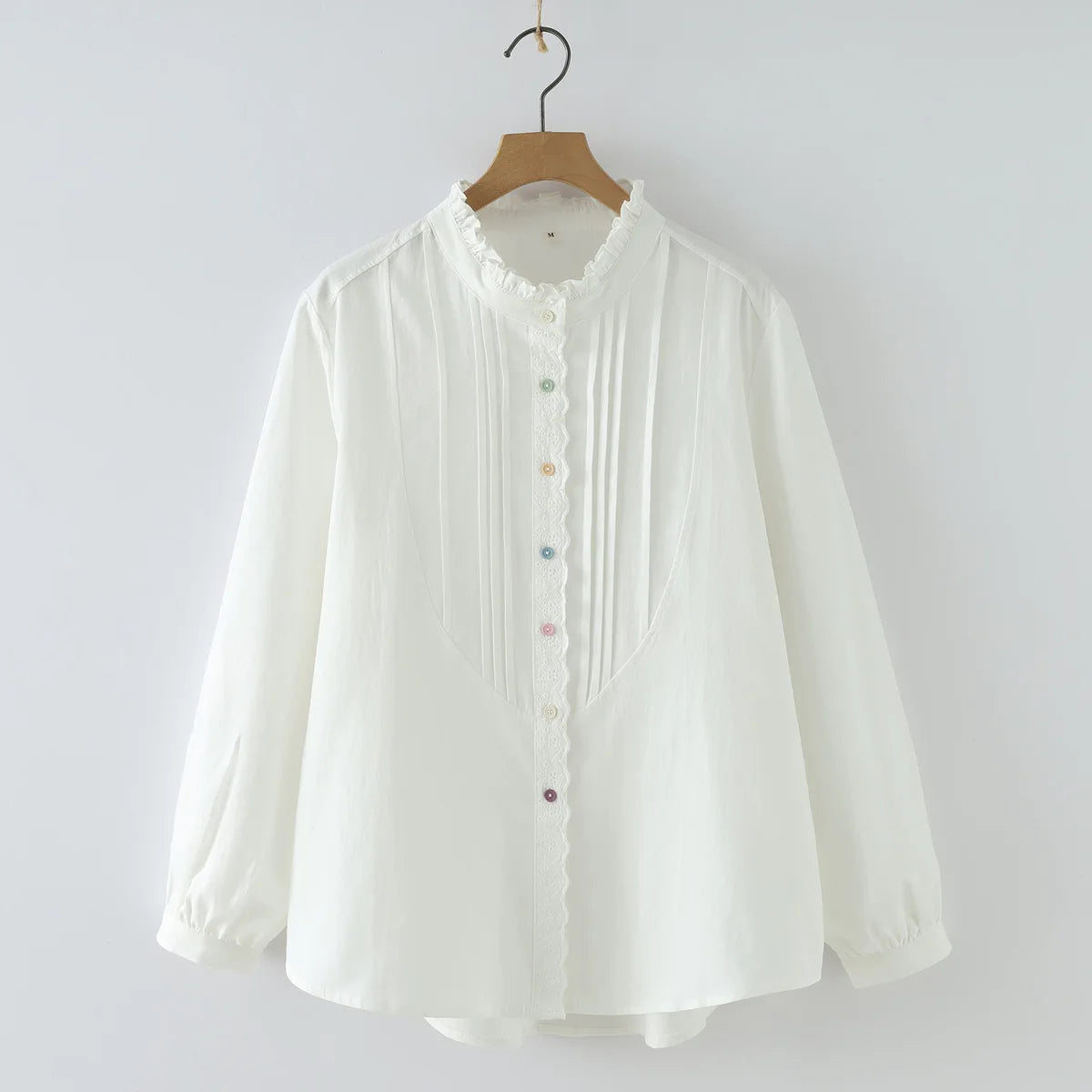 New 2025 Autumn Cotton Long Sleeve Shirt, Women Stand Ruffles Patchwork, Mori Girl Folds Temperament Chic Loose Blouse T59125CC
