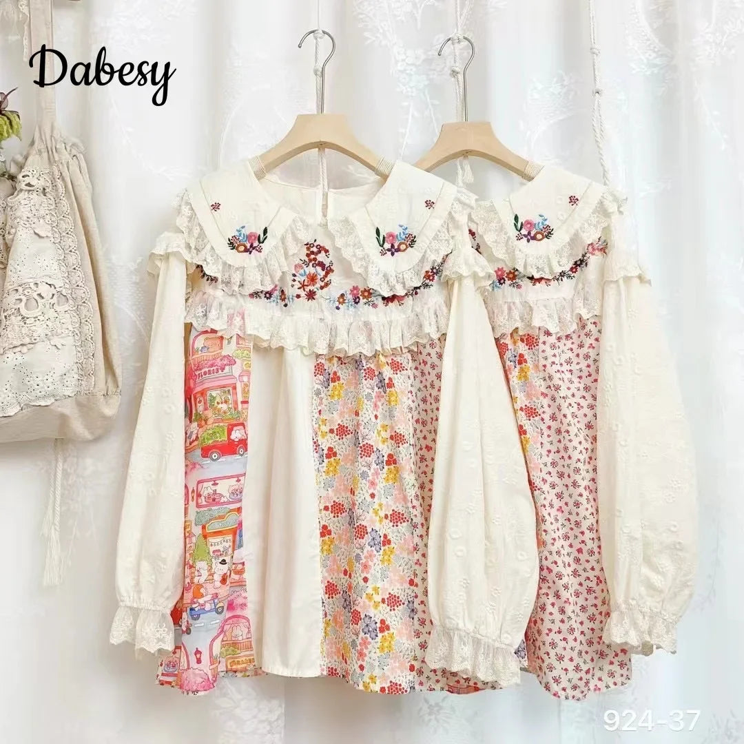 Vintage Embroidery Lace Ruffles Patchwork Shirt Women