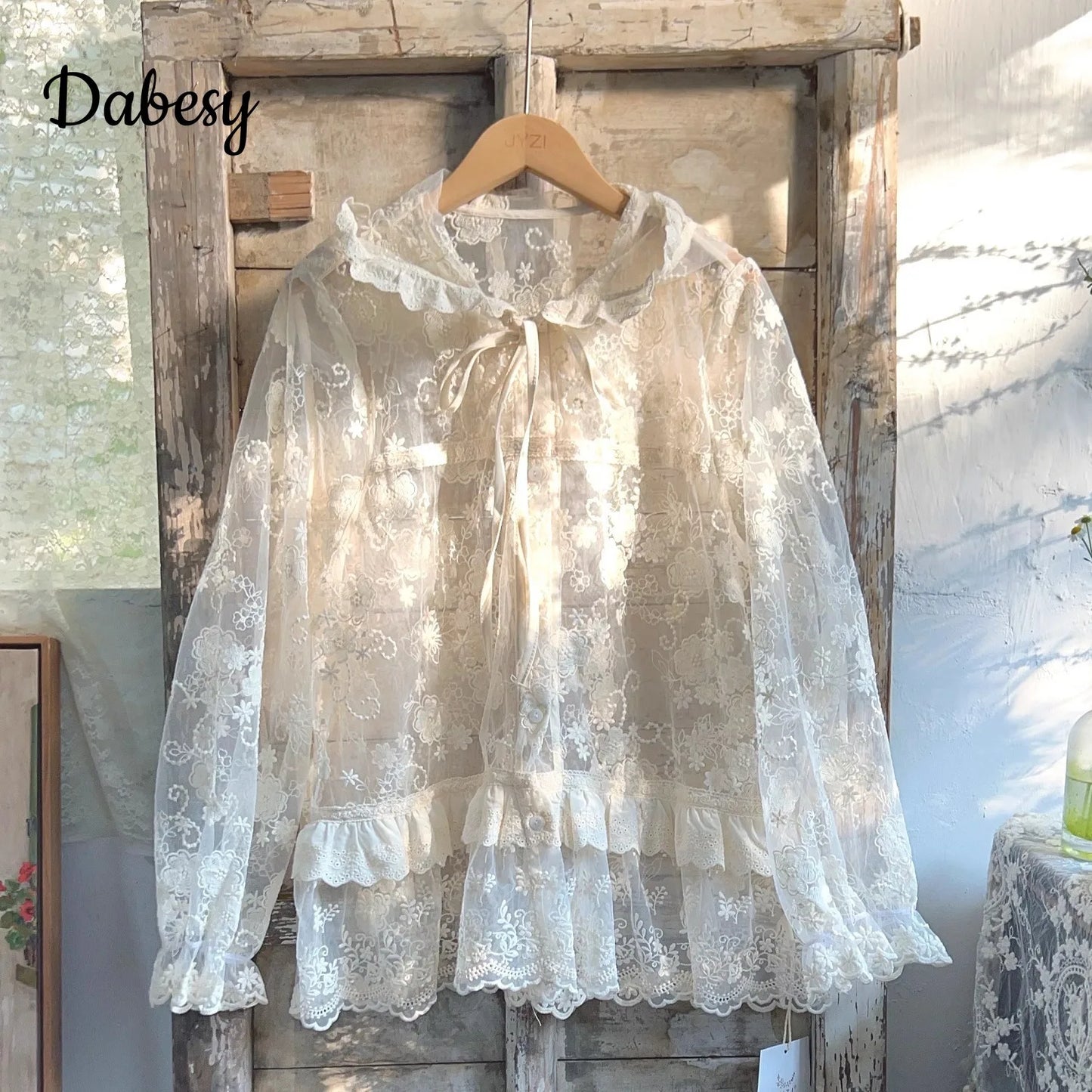 Embroidered Lace Hooded Ruffled Lace-up Jacket