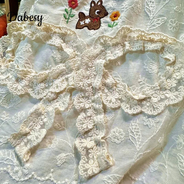 Sweet Lace Ruffled Shirts Women Vintage Embroidery Peter Pan Collar Kawaii Blouse Summer Japan Mori Girl Short Sleeve Loose Tops
