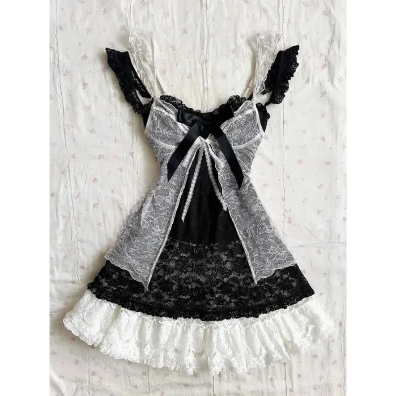 2000s Gothic Vintage Mini Dress Women Sleeveless Strap Party Dress Evening Lace Retro Cltohing Japanese Y2k Black Chic Lolita