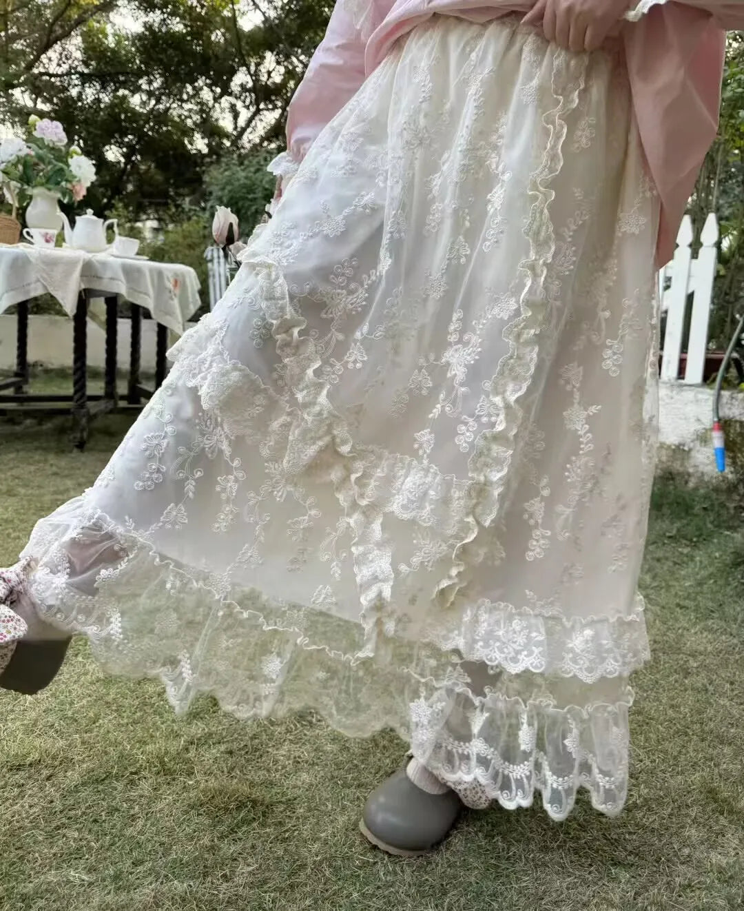 Lace Embroidery Skirts Women Vintage Pleated A-Line Skirt
